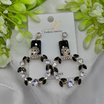 Elegant Floral Hoop Earrings with Black and Crystal Accents | Best Quality Earrings For Girls & Women | Luxury Look Earrings
