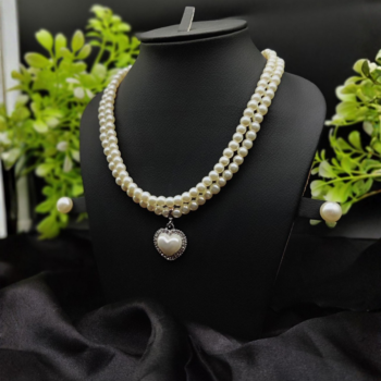 Imported Elegant Double-Strand Pearl Necklace with Heart Pendant