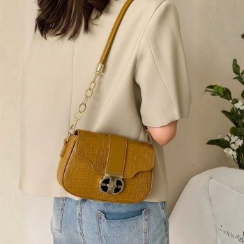 Faux Leather Shoulder Bag with Gold-Tone Chain Accent