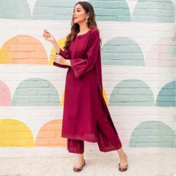 Women Lawn Suit Maroon Sequins Embroidered 2 Pcs